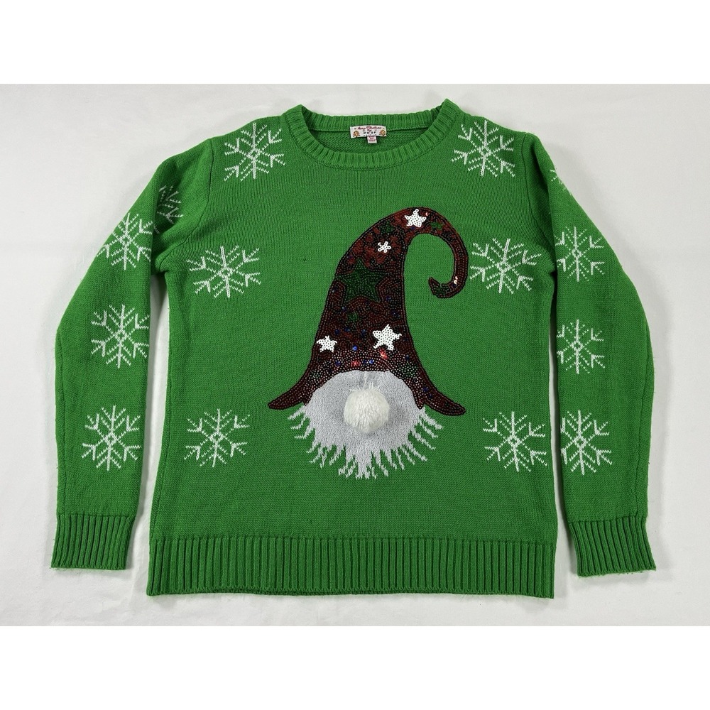 Poof‎ Christmas Sweater Women M Green Santa Gnome Dangle Nose Sequin Snowflake